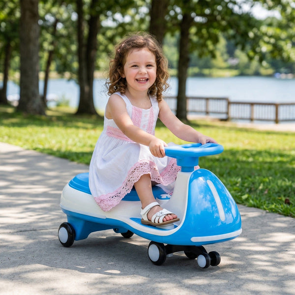 12V Electric Wiggle Ride On Car with dual motors and LED lights, angled view showcasing its vibrant design.