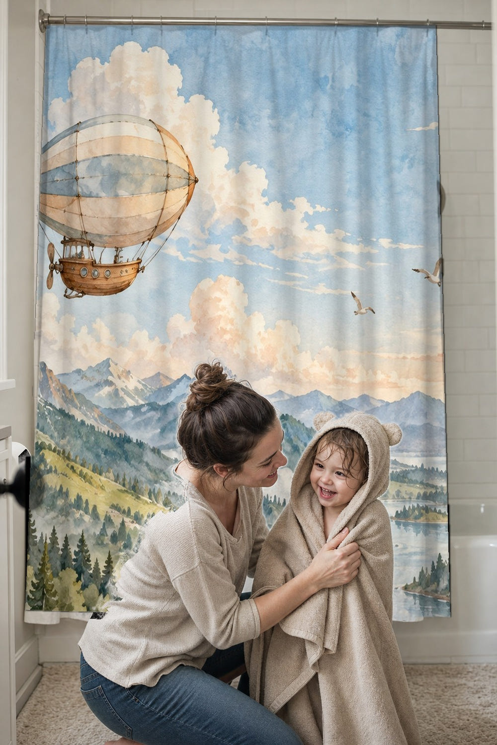 Soft Airship shower curtain, full front view of the 71 x 74 in fabric curtain