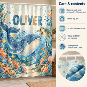 Care and contents of the Ocean Adventure personalized kids shower curtain