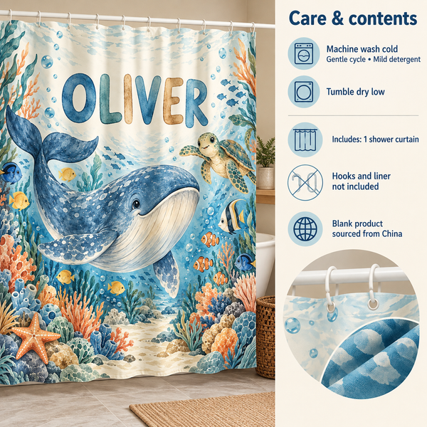 Care and contents of the Ocean Adventure personalized kids shower curtain