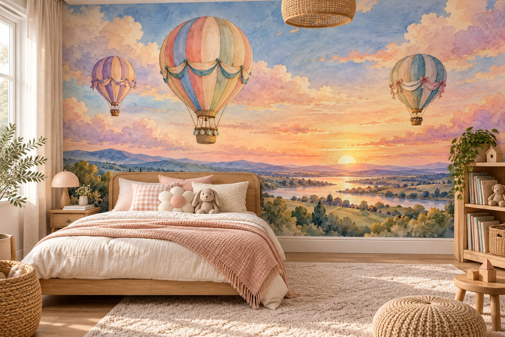 Watercolor Sunset Flight Hot Air Balloon Wall Mural, image 1