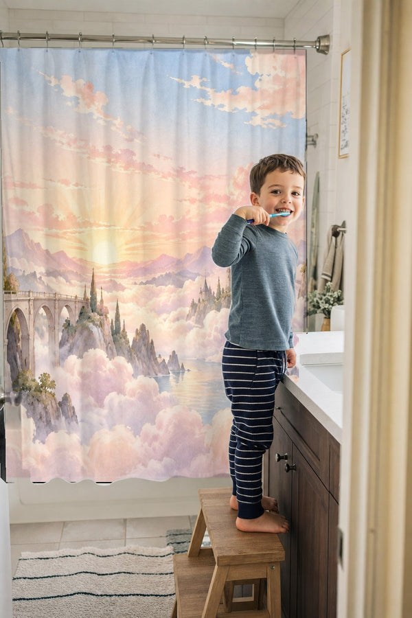 Child brushing teeth in a family bathroom with the Cloud Towers Fairy Tale shower curtain