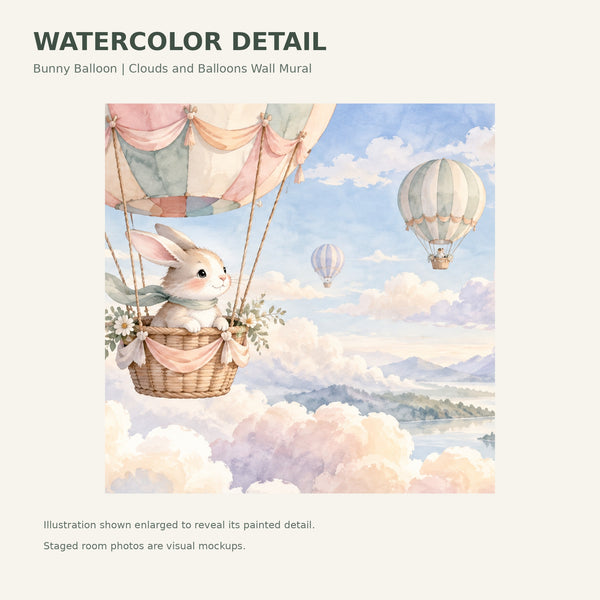 Watercolor Bunny Hot Air Balloon Wall Mural, image 4
