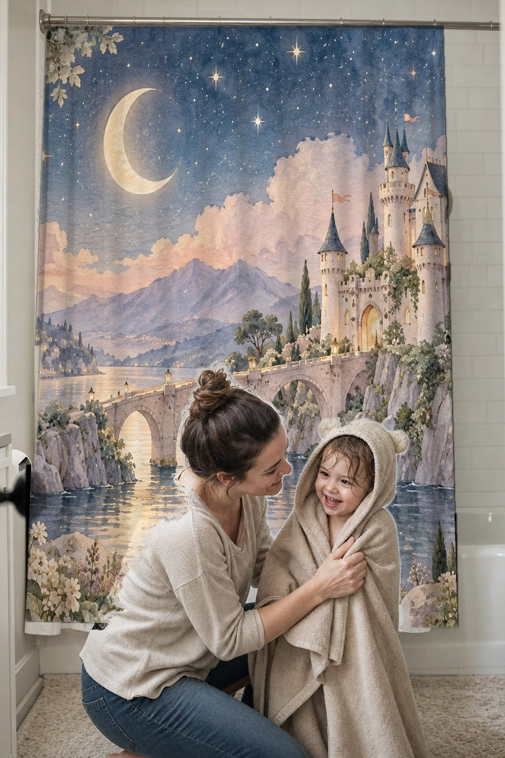 Moonlit Castle Fairy Tale shower curtain, full front view of the 71 x 74 in fabric curtain