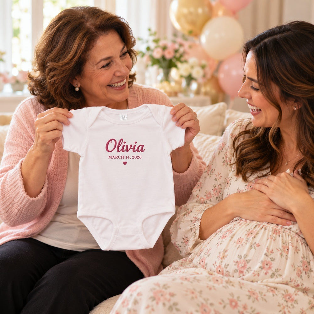 Embroidered baby name and birth date bodysuit, white bodysuit with flamingo pink thread