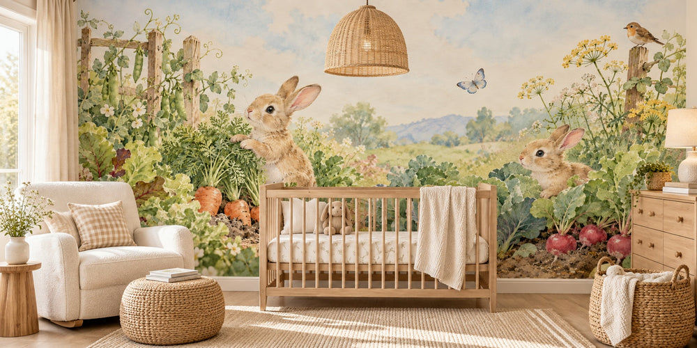 Watercolor Vegetable Garden Bunny Wall Mural, image 1