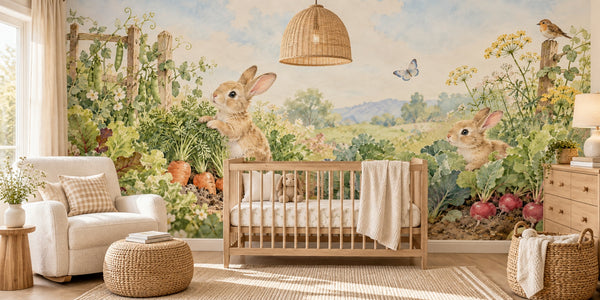 Watercolor Vegetable Garden Bunny Wall Mural, image 1