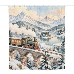 Winter Train shower curtain, full front view of the 71 x 74 in fabric curtain