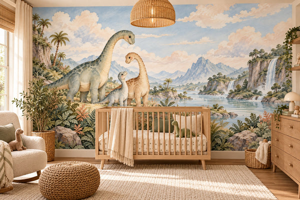 Watercolor Long Neck Family Dinosaur Wall Mural, image 1