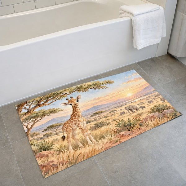 Baby Giraffe Safari bath mat on the floor in front of the tub