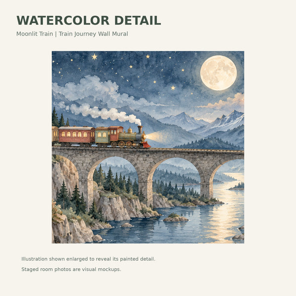 Watercolor Moonlit Train Wall Mural, image 4