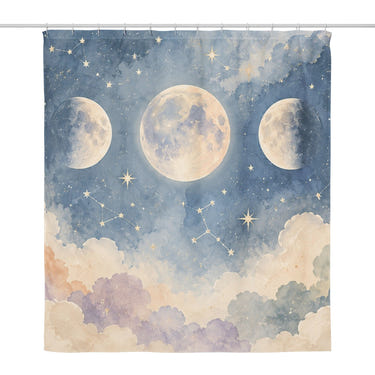 Moon Phases shower curtain, full front view of the 71 x 74 in fabric curtain