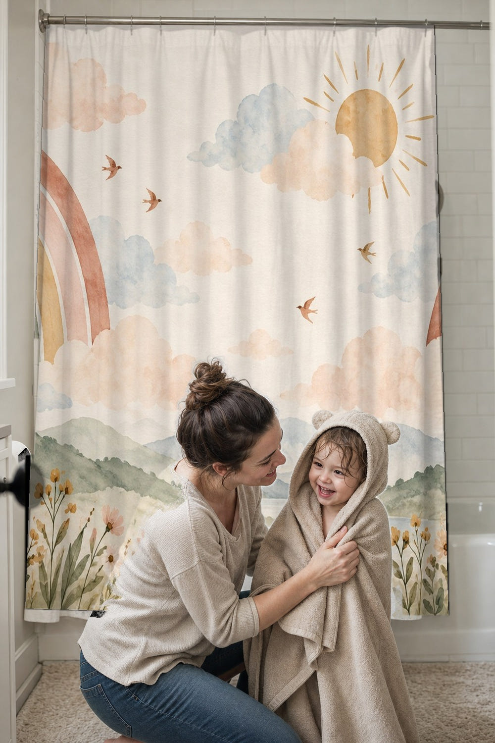 Wildflower Rainbow Meadow shower curtain, full front view of the 71 x 74 in fabric curtain