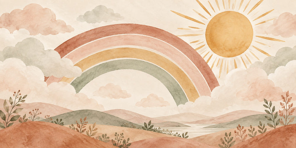 Watercolor Rainbow Sunshine Clouds Wall Mural, image 1
