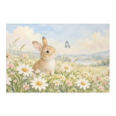 Daisy Meadow Bunny kids rug, full view of the printed design