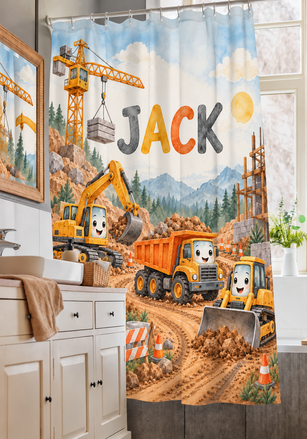 Construction Crew personalized kids shower curtain over a bathtub