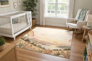 Twin Rainbow Valley area rug in a calm nursery with a white crib