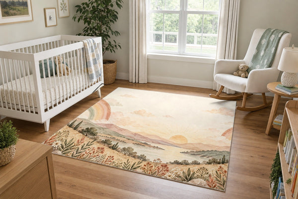 Twin Rainbow Valley area rug in a calm nursery with a white crib
