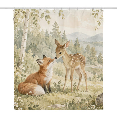 Fox and Fawn shower curtain, full front view of the 71 x 74 in fabric curtain