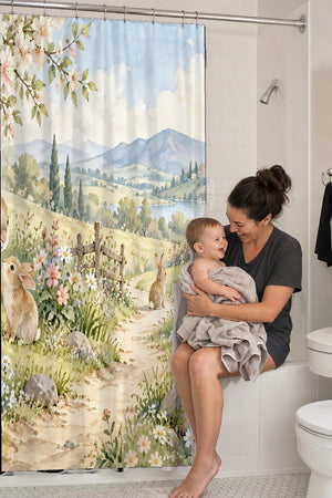 Mom holding her baby on the tub edge next to the Peaceful Garden Bunny shower curtain