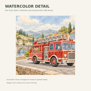 Watercolor Fire Truck Town Wall Mural, image 4