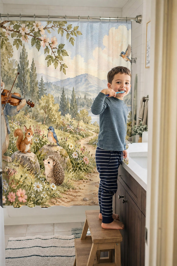 Child brushing teeth in a family bathroom with the Rabbit Violin shower curtain