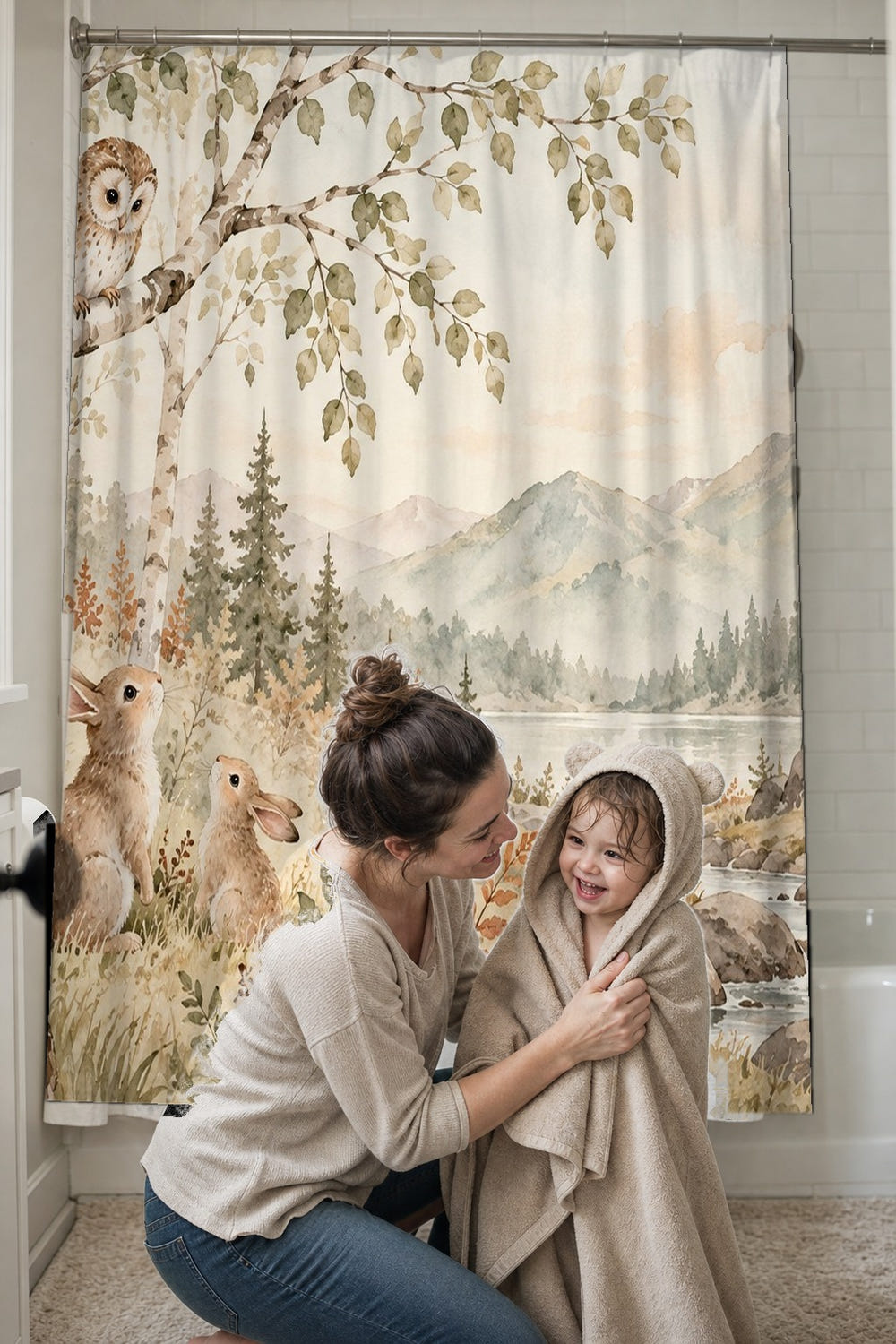 Owl and Bunnies shower curtain, full front view of the 71 x 74 in fabric curtain