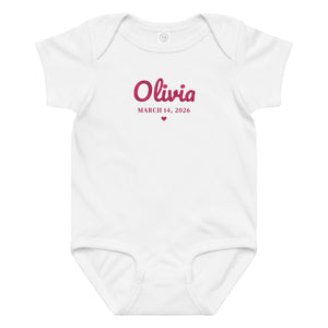 Embroidered baby name and birth date bodysuit, white bodysuit with flamingo pink thread