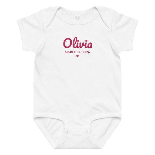 Embroidered baby name and birth date bodysuit, white bodysuit with flamingo pink thread