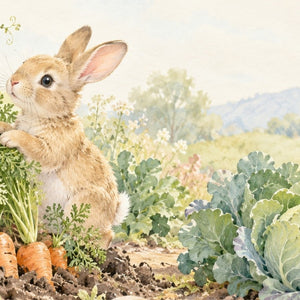Vegetable Garden Bunny kids rug, close up of the watercolor artwork