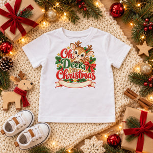 Personalize the Oh Deer, It's Christmas toddler t-shirt in white with your baby's name
