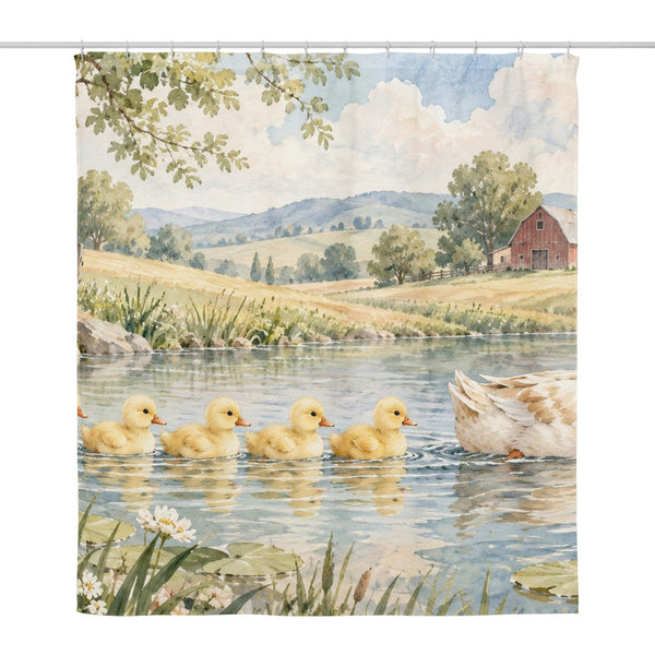 Ducklings Pond Farm shower curtain, full front view of the 71 x 74 in fabric curtain