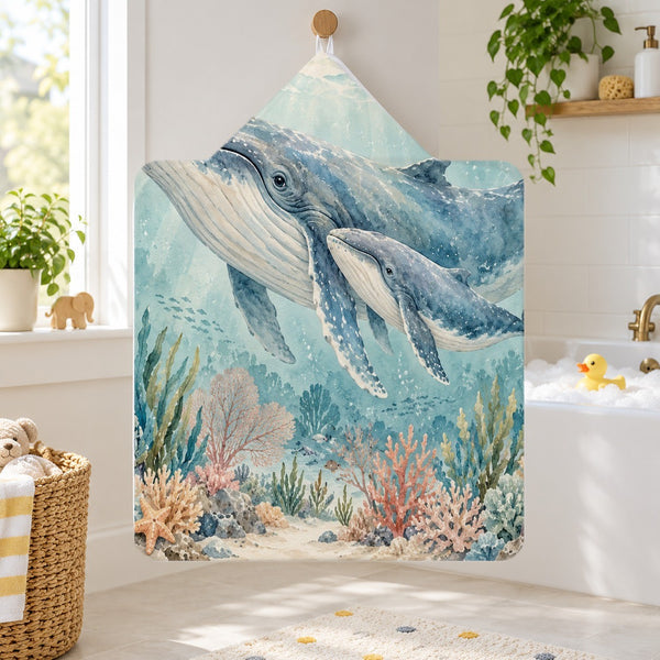 Whale Family Ocean kids hooded bath towel hanging in a kids bathroom