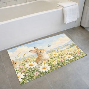 Daisy Meadow Bunny bath mat on the floor in front of the tub