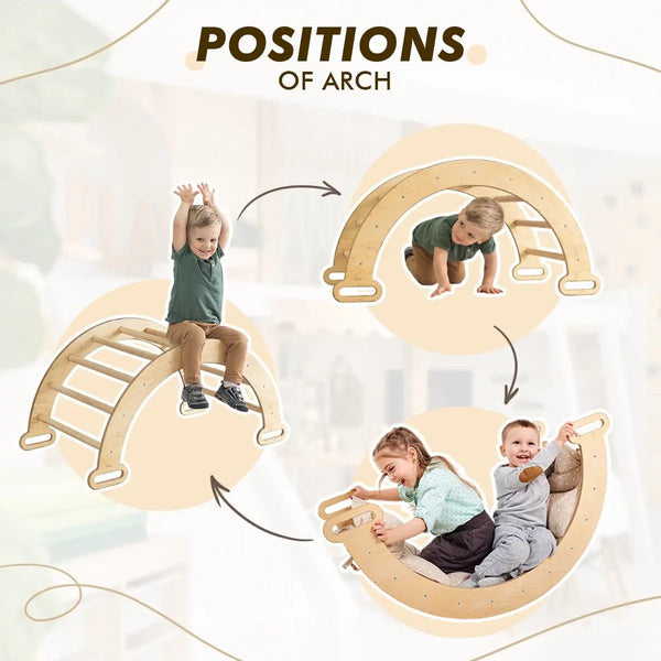 6in1 Montessori Climbing Set: Triangle Ladder + Arch/Rocker + Slide/Ramp + Net + Cushion + Art Addition