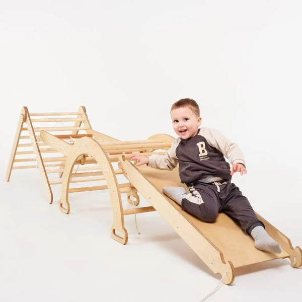6in1 Montessori Climbing Set: Triangle Ladder + Arch/Rocker + Slide/Ramp + Net + Cushion + Art Addition