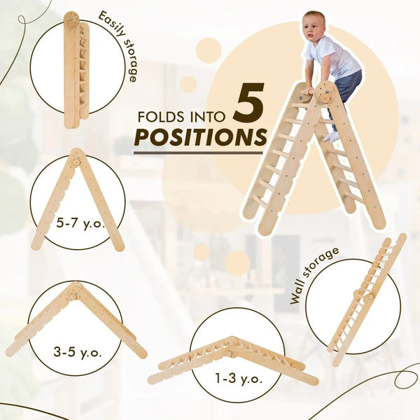 6in1 Montessori Climbing Set: Triangle Ladder + Arch/Rocker + Slide/Ramp + Net + Cushion + Art Addition