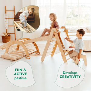 6in1 Montessori Climbing Set: Triangle Ladder + Arch/Rocker + Slide/Ramp + Net + Cushion + Art Addition
