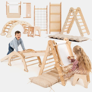 6in1 Montessori Climbing Set: Triangle Ladder, Arch, Slide, Net, Cushion for versatile play and development.