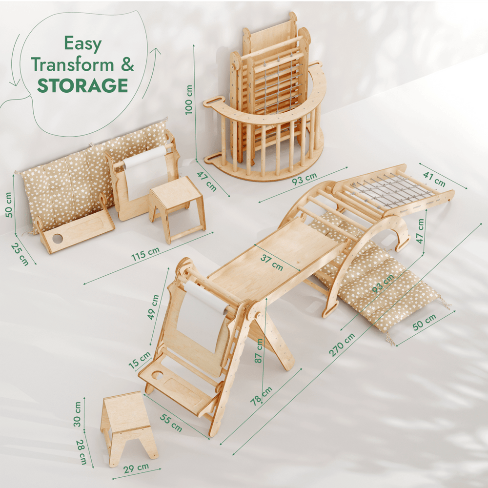 6in1 Montessori Climbing Set: Triangle Ladder, Arch, Slide, Net, Cushion for versatile play and development.