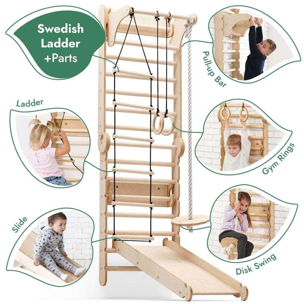 6-in-1 wooden Swedish wall climbing ladder with swing set and slide for children, perfect for active play and development.