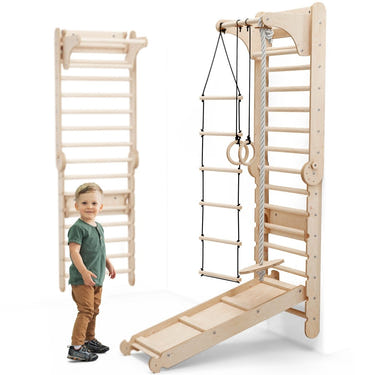 6-in-1 wooden Swedish wall climbing ladder with swing set and slide for children, perfect for active play and development.