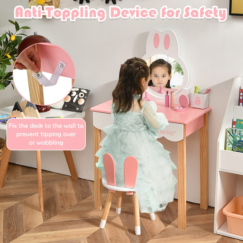 Kids Rabbit Vanity Set with Mirror and Drawer - Adorable Makeup Dressing Table and Chair for Little Ones.