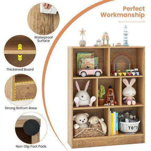 7-Section Freestanding Bookshelf for Kids Room Classroom Daycare Nursery-Natural Natural Kids Storage