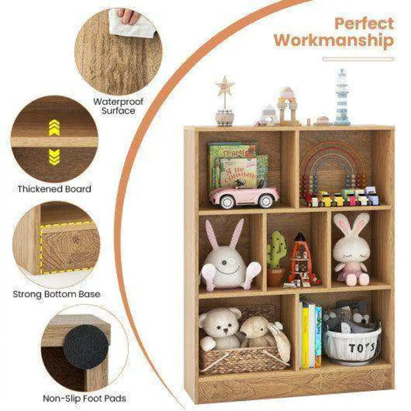 7-Section Freestanding Bookshelf for Kids Room Classroom Daycare Nursery-Natural Natural Kids Storage