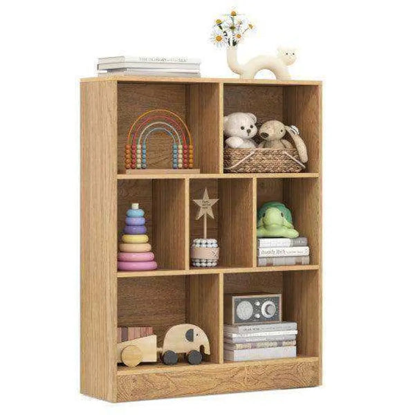 7-Section Freestanding Bookshelf for Kids Room Classroom Daycare Nursery-Natural Natural Kids Storage