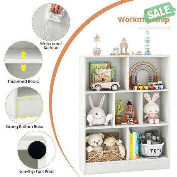 7-Section Freestanding Bookshelf for Kids Room Classroom Daycare Nursery-White