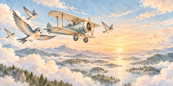 Watercolor Birds and Biplane Wall Mural, image 3