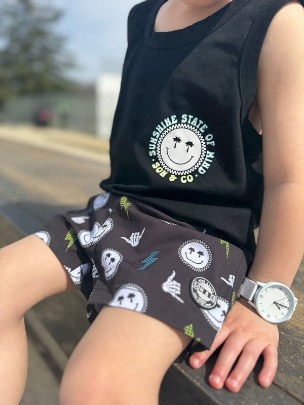 Sunshine State of Mind Swim Trunks for babies, vibrant design, perfect for summer fun at the beach or pool.