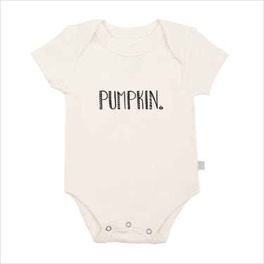 Pumpkin graphic short sleeve bodysuit for babies, perfect for autumn outfits and cozy comfort.